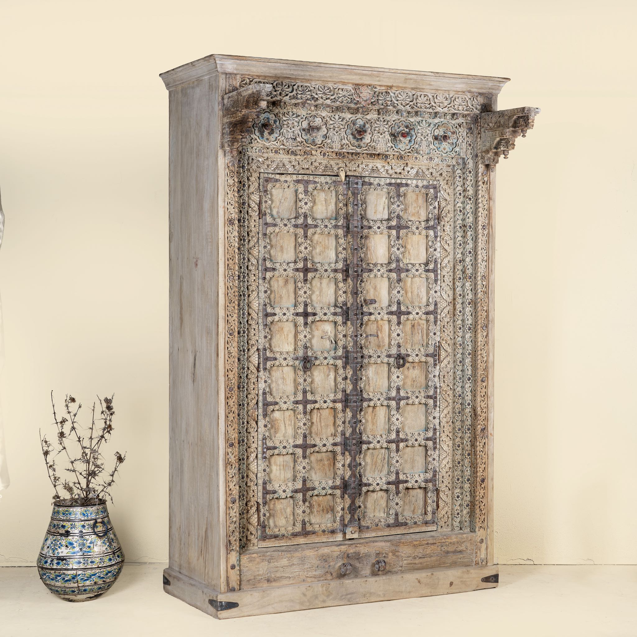 One-of-a-kind Indian solid reclaimed teak wooden wardrobe with hand-carved details, part of our premium teak wood furniture collection.