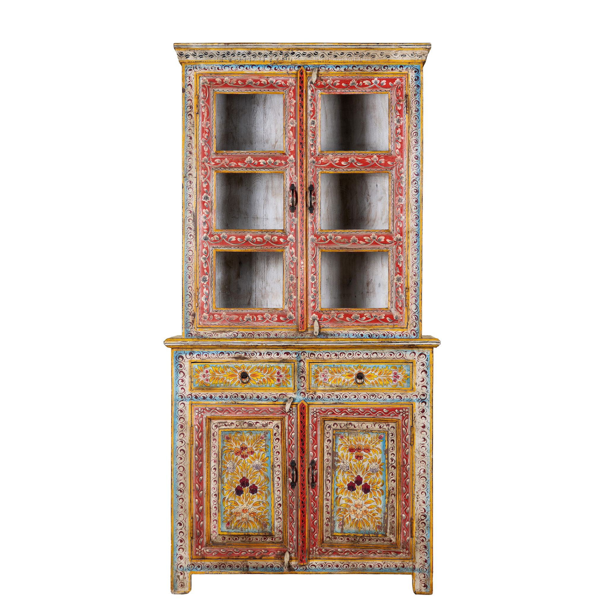 White background image of a hand-painted two-part showcase made of reclaimed wood with floral motifs; unique furniture for a boho chic living room, 94 × 48 × 203 cm.