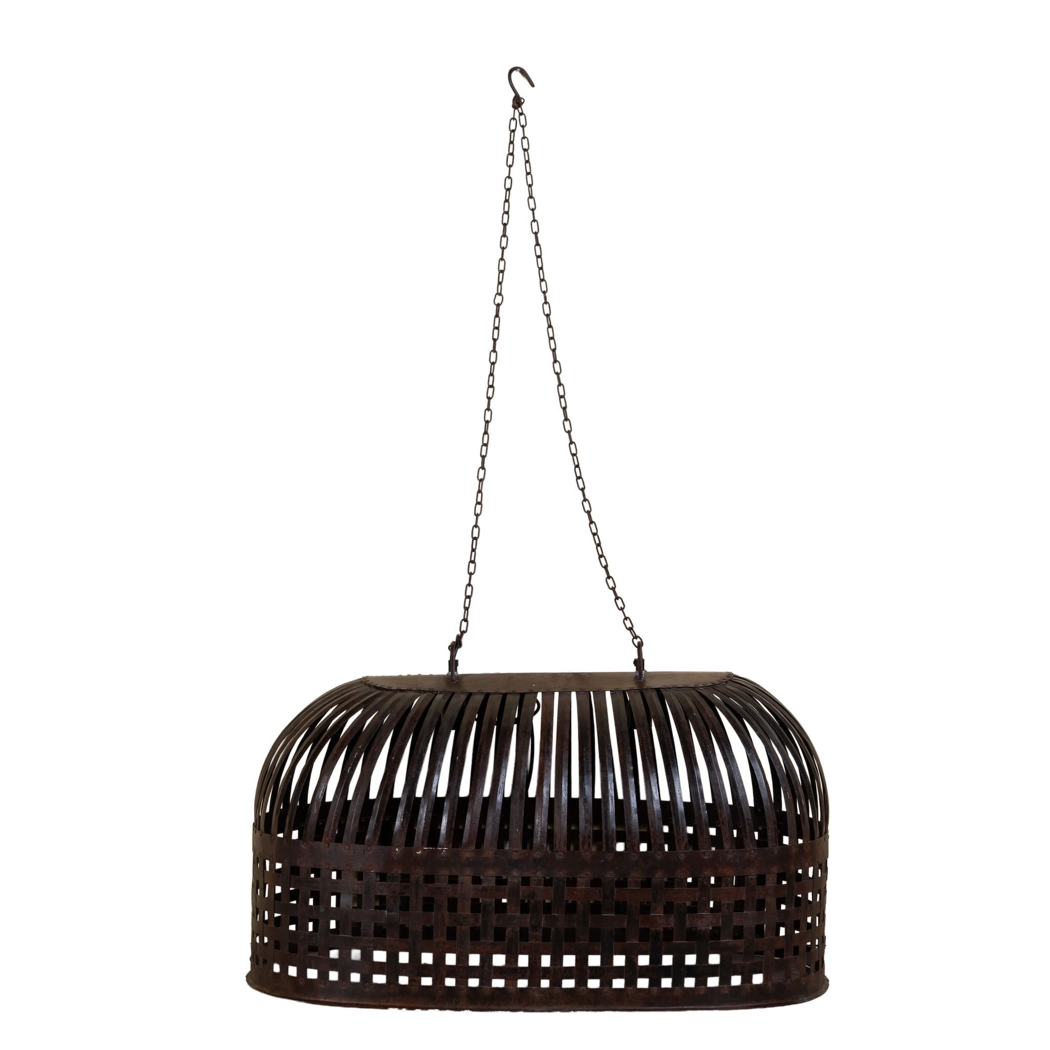 White background image of a Chitra metal pendant light with hand-forged slatted design and iron chain suspension—an artisanal example of hand crafted metal lamps and bold metal pendant lights for high ceilings.