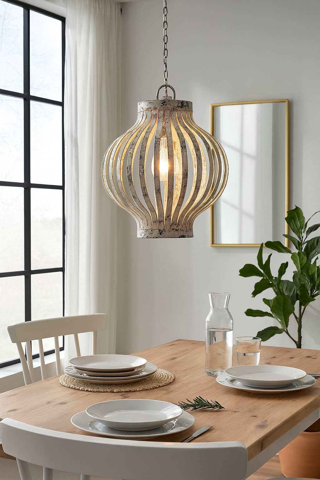 Lifestyle image of a Daiwik whitewashed metal pendant light with sculptural openwork lantern design and iron chain—an eye-catching example of hand crafted metal lamps and artisan metal pendant lights.