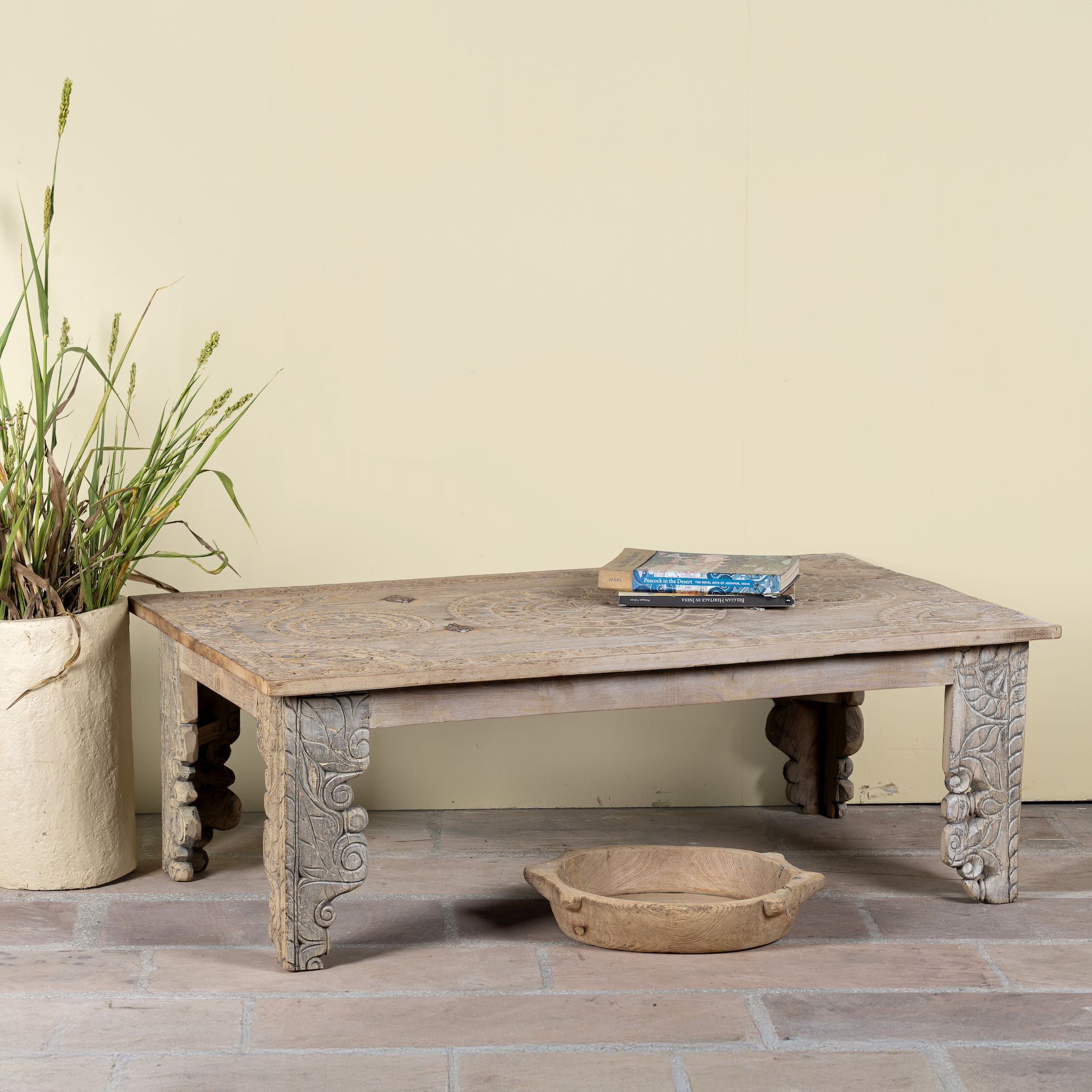 Sandblasted reclaimed teak wood coffee table with carved antique Indian door top; unique teak wood furniture and living room furniture, 140 × 40 × 48 cm.