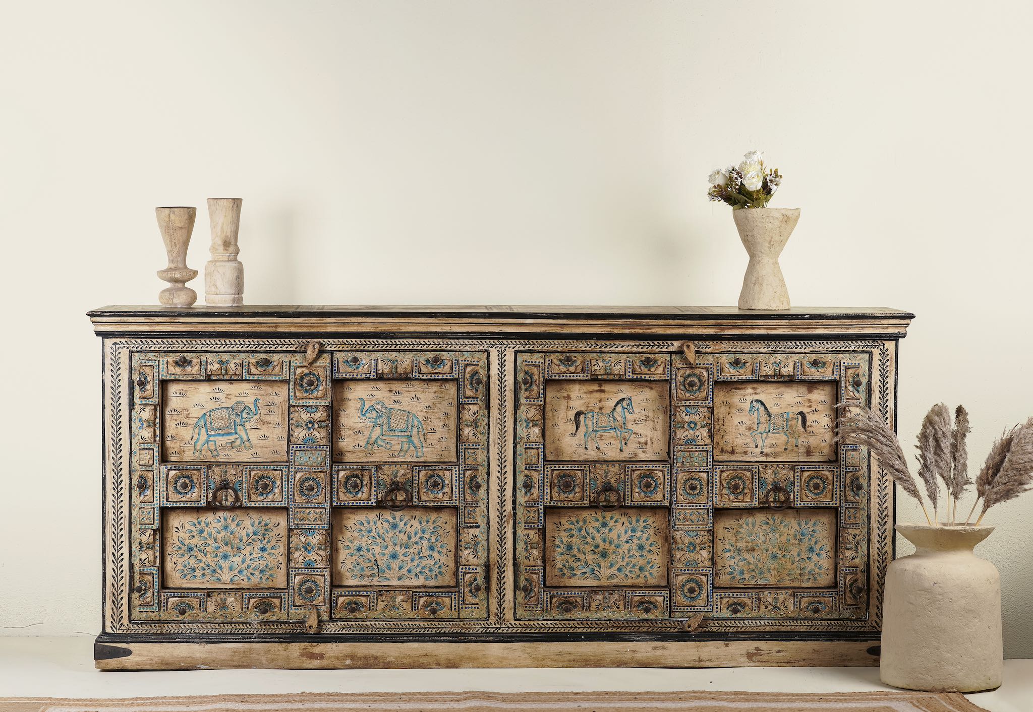 Unique sideboard made of recycled wood with hand painted Indian motifs in blue and gold; sustainable furniture for dining rooms or hallways, 220 × 44 × 98 cm.