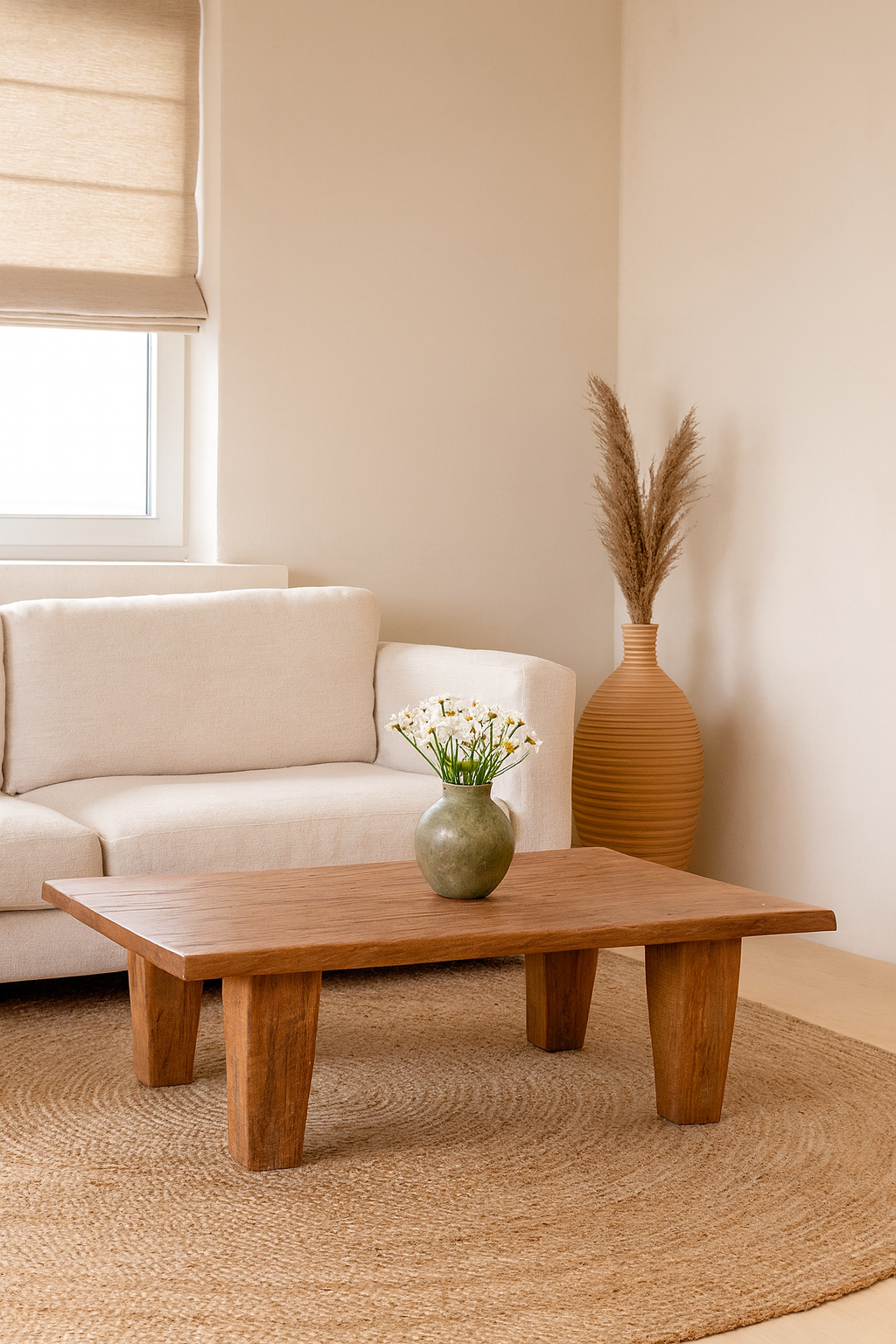 Lifestyle imagination of a handcrafted reclaimed wood coffee table with rounded edges and rustic grain; perfect for rustic interiors, 120 × 90 × 48 cm.