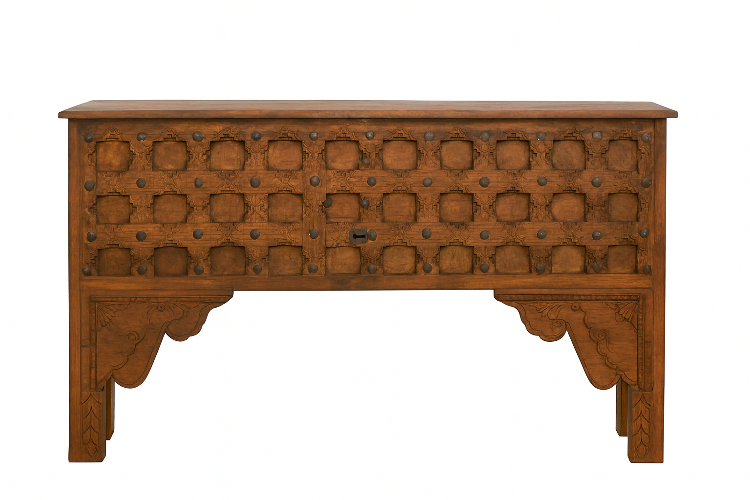 White background image of a Teak wood console table made from antique Indian door parts; sustainable old door furniture, 183 × 95 × 45 cm.