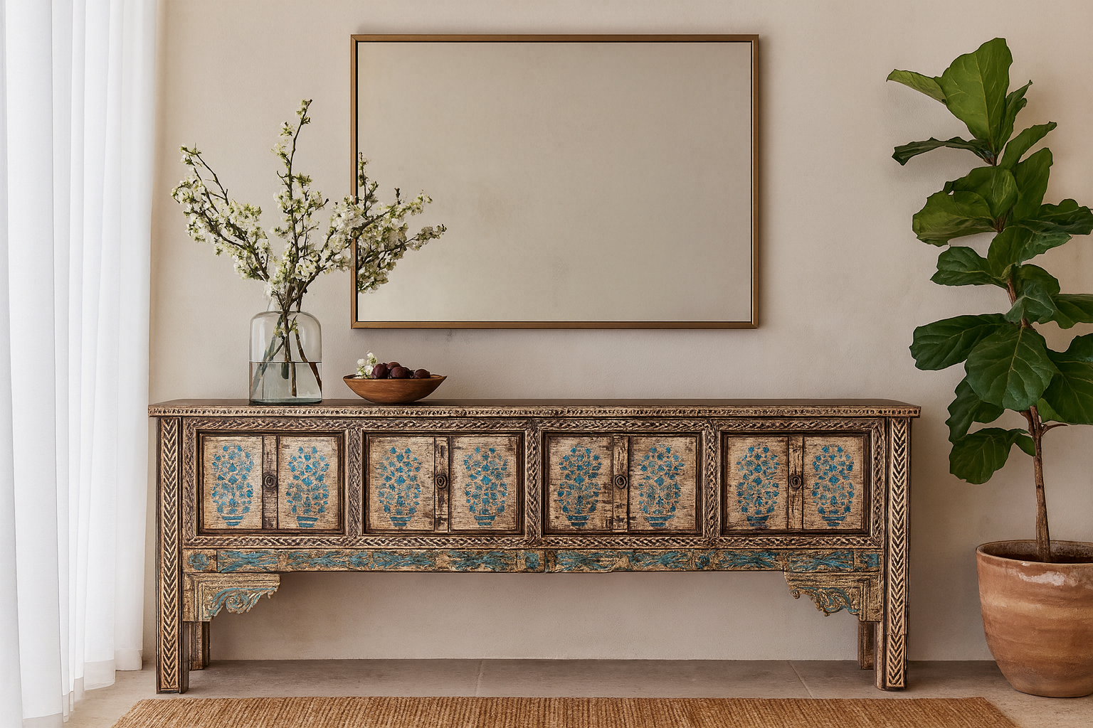 Lifestyle imagination of a Hand painted console table in reclaimed teak with floral motifs and antique distressed finish, 197 × 40 × 82 cm.