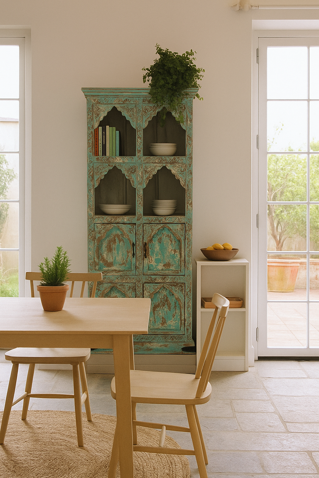 Lifestyle image of a hand-carved mango wood shelf with arched open display and lower cabinets – vintage home decoration piece in distressed pastel blue finish with Indian architectural detailing.