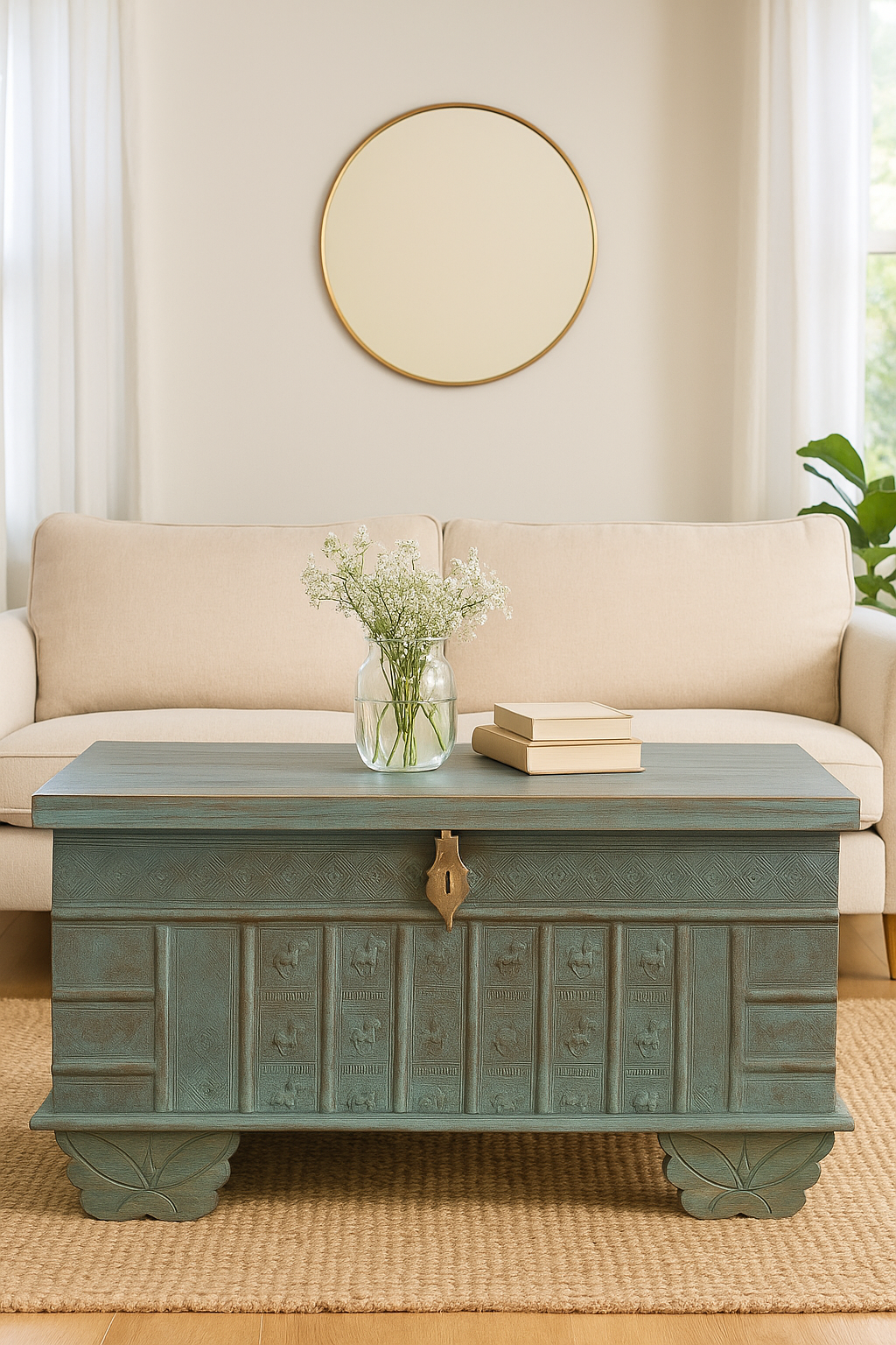 Liefestyle image of a antique Indian chest coffee table in blue with brass fittings – iron fitted wooden chest made from solid teak, ideal for living rooms with storage space.