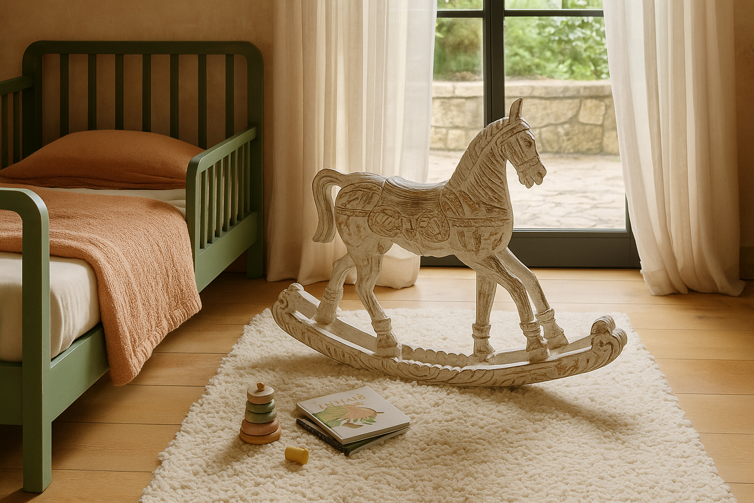Lifestyle image of a hand-carved whitewashed mango wood rocking horse – artistic Indian home accessory and mango wood décor, ideal for entryways or living rooms, 105x80x30cm.