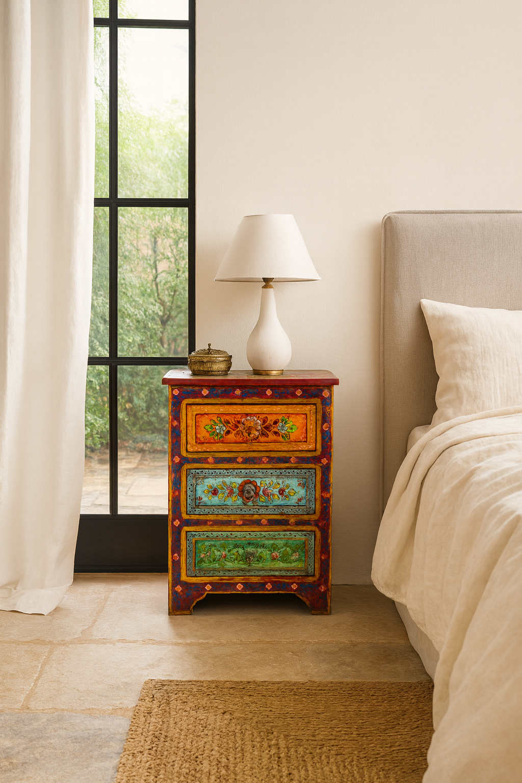 Lifestyle scene with a hand-painted vintage night stands with floral motifs – unique Indian furniture made from recycled wood for artistic and bohemian interiors.