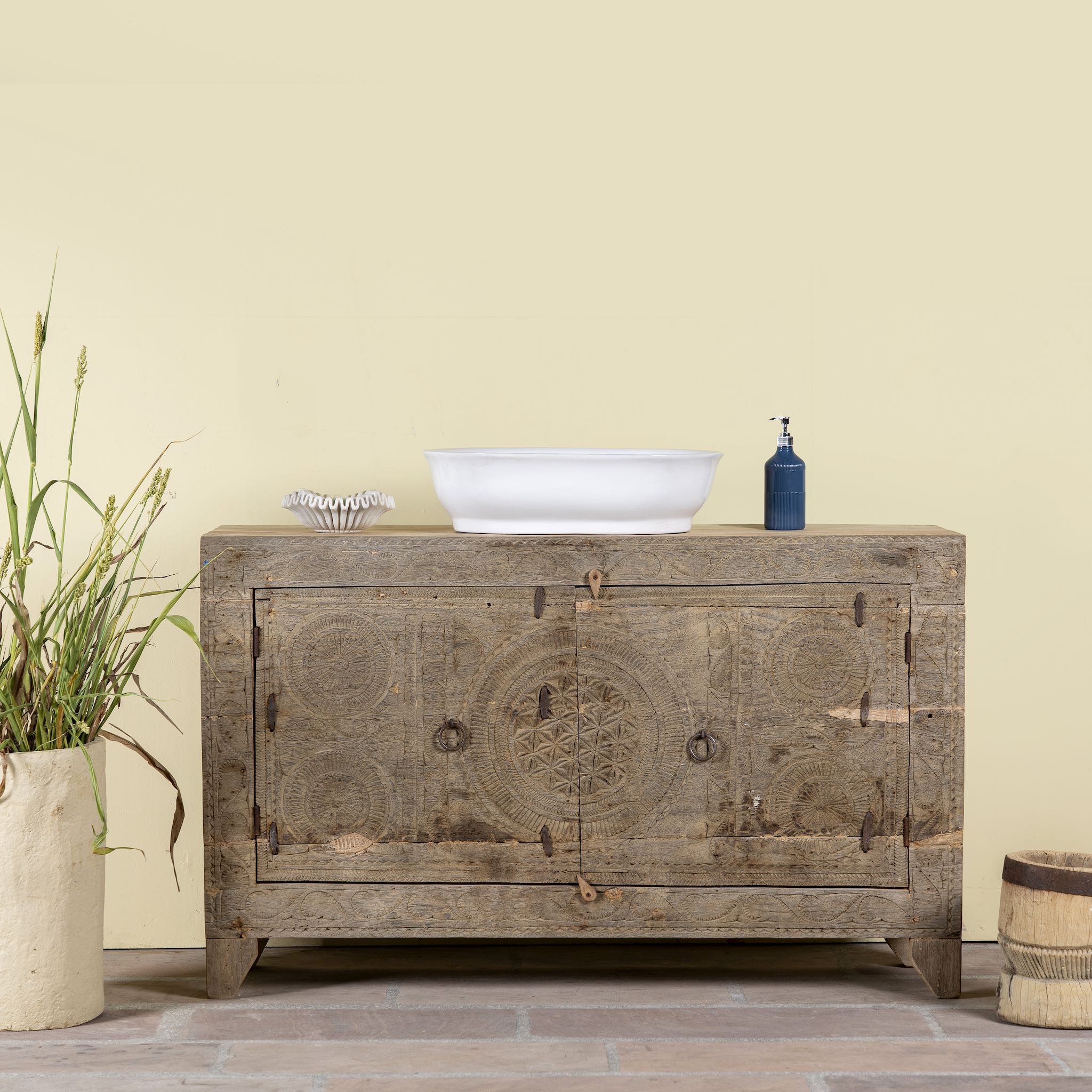 Reclaimed wood sideboard made from antique teak doors with carved detailing; teak furniture, 134 × 37 × 82 cm.