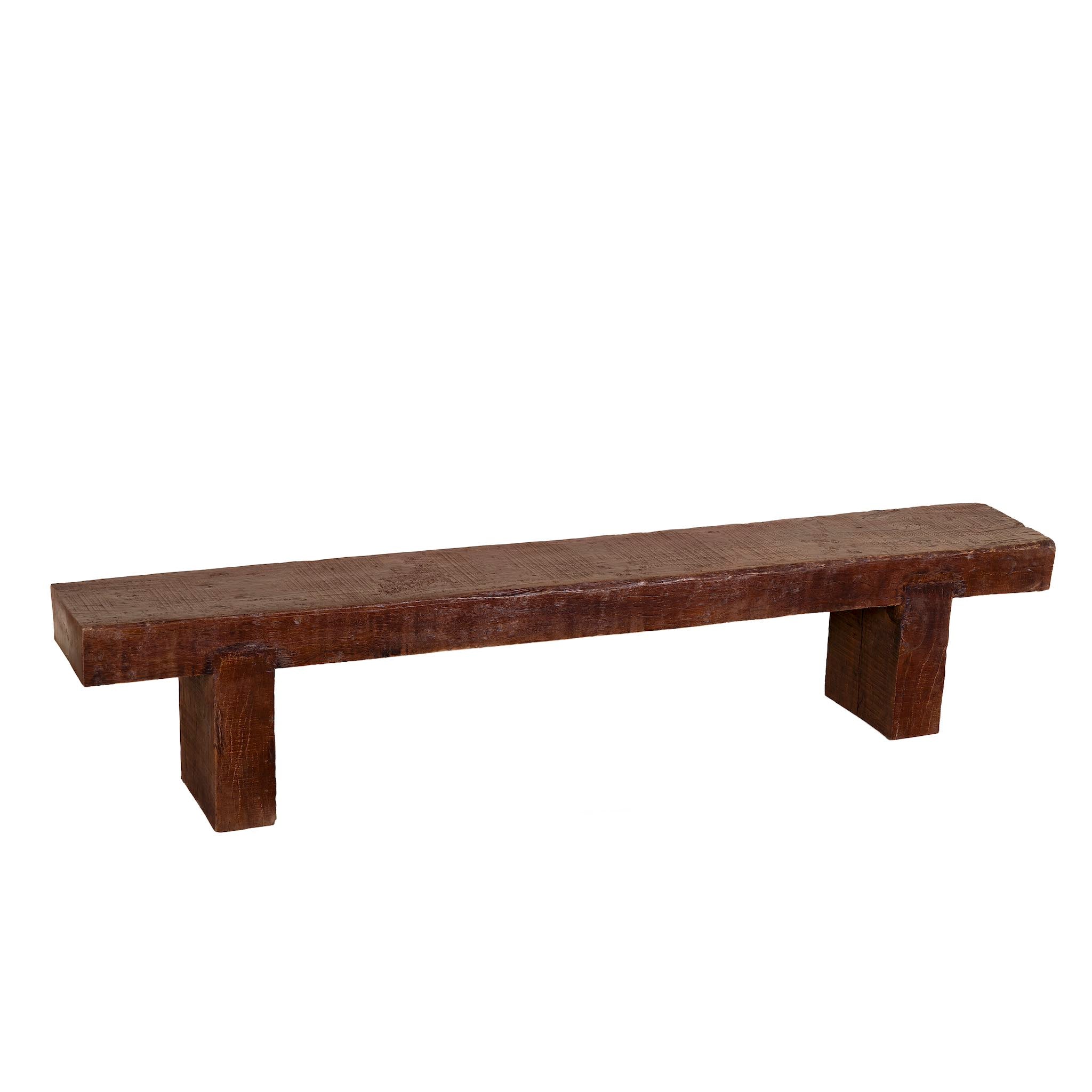 White background image of a rustic wood bench made of reclaimed wood, full block design, sustainable furniture for hallways, living rooms, or terraces, 200 × 30 × 40 cm.