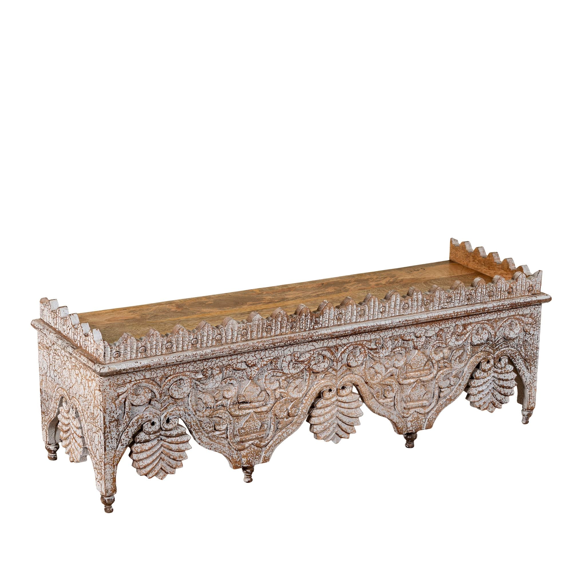 Carved mango wood shelf in distressed vintage finish; artisanal furniture and vintage home decor, 90 × 25 × 30 cm.