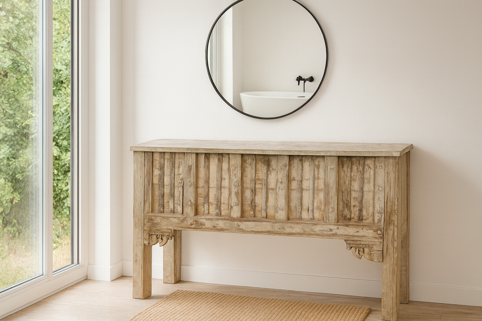 Lifestyle imagination of a vintage teak wood console table with folding front and rustic finish; handcrafted from reclaimed wood, 156 × 42 × 82 cm.