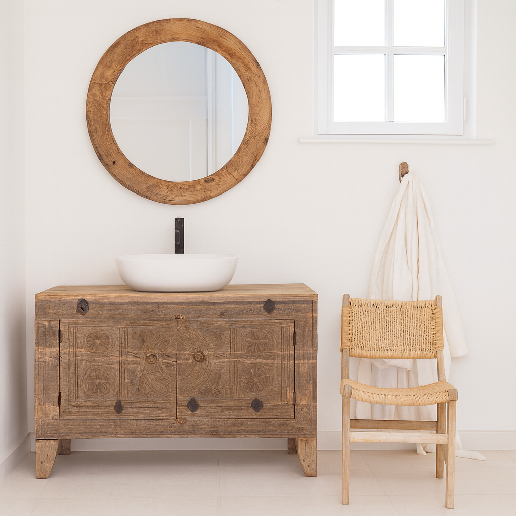 Lifestyle imagination of a reclaimed wood sideboard made from antique teak doors with carved detailing; teak furniture, 130 × 38 × 83 cm.