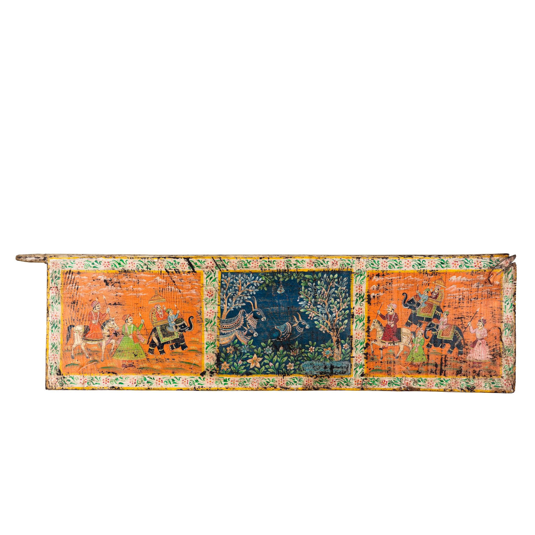 White background imagination of a hand-painted Indian wall panel made from reclaimed teak wood door with royal and animal motifs; unique wall panel in boho style décor, 208 × 4 × 55 cm.