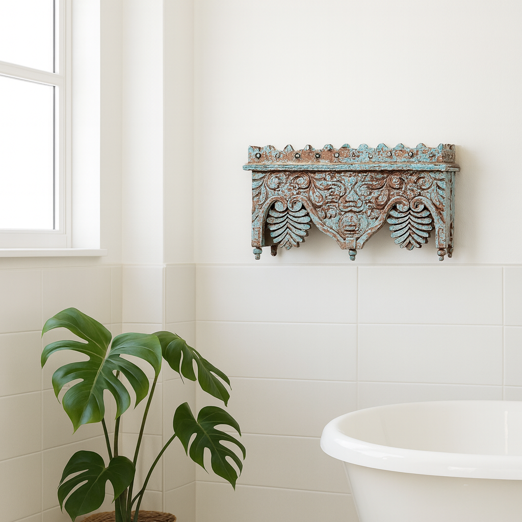 Lifestyle imagination of a turquoise distressed mango wood shelf with ornate carvings; artisanal furniture and vintage home decor, 60 × 32 × 32 cm.