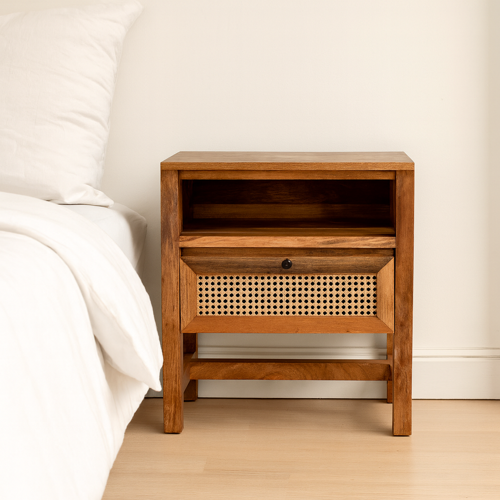 Lifestyle imagination of a mango wood bedside table with rattan insert, handcrafted rattan furniture; durable mango wood furniture, 60 × 60 × 40 cm.