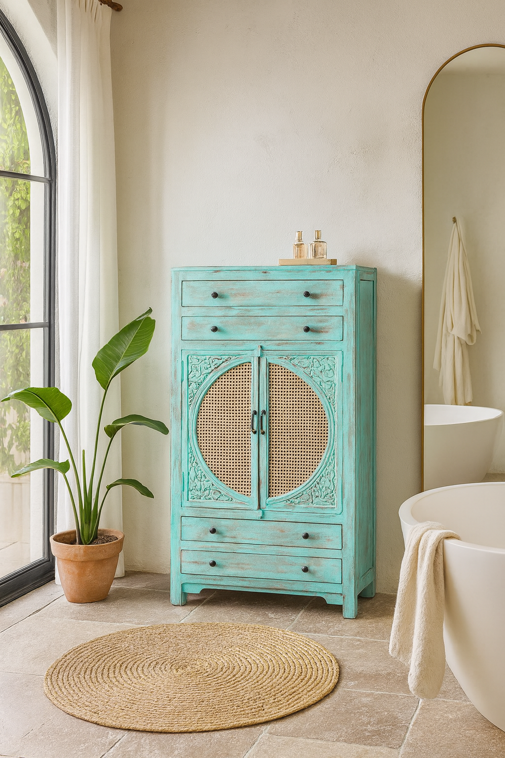 Lifestyle imagination of a vintage furniture cabinet in turquoise-washed mango wood with rattan door panels and hand-carved engravings, 80 × 148 × 40 cm.