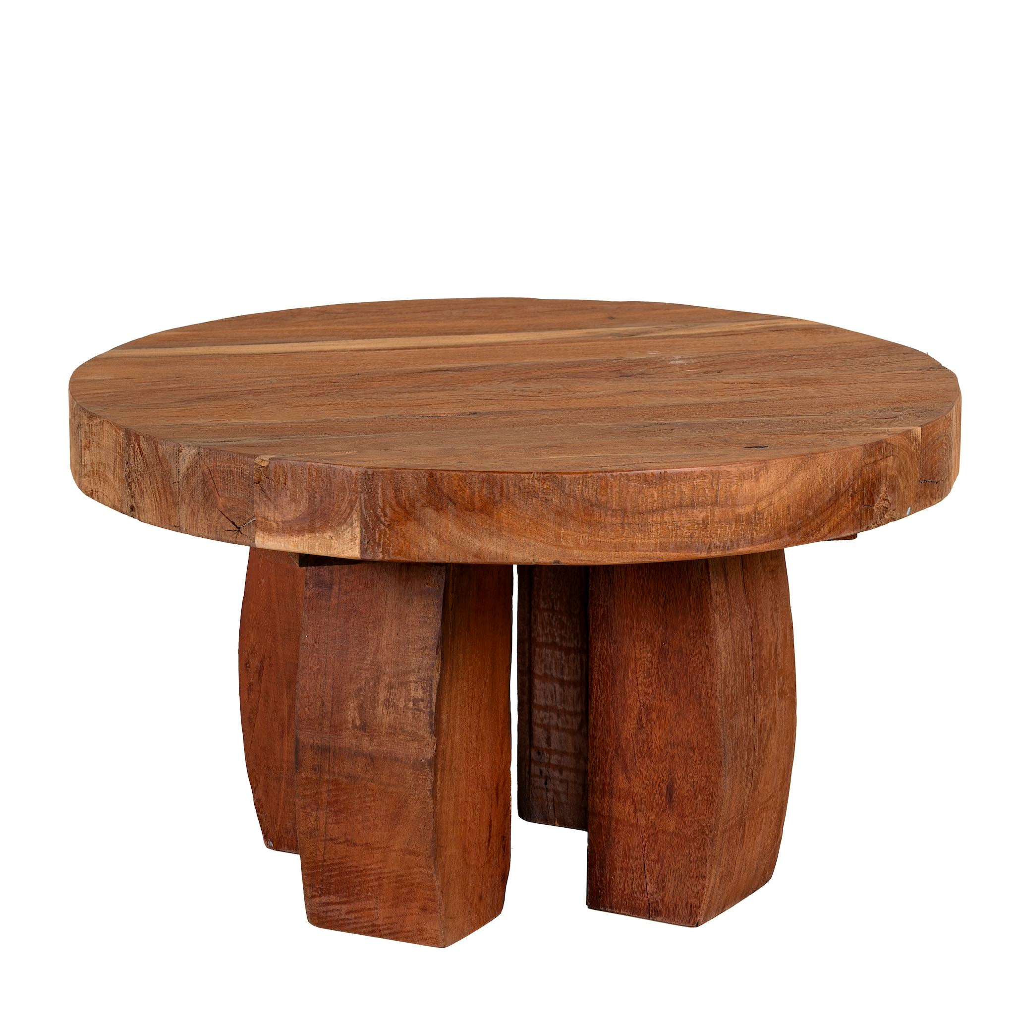 White background picture of a rustic wood coffee table with round reclaimed teak top and black charred finish; sustainable furniture, 70 cm diameter, 40 cm height.