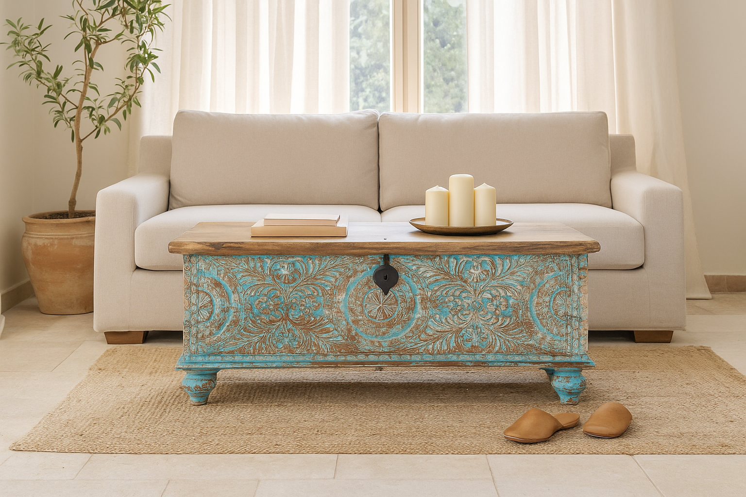 Lifestyle image of a hand-carved mango wood chest in blue with natural wood top – carved wooden furniture and wooden storage chest for eclectic or boho interiors.