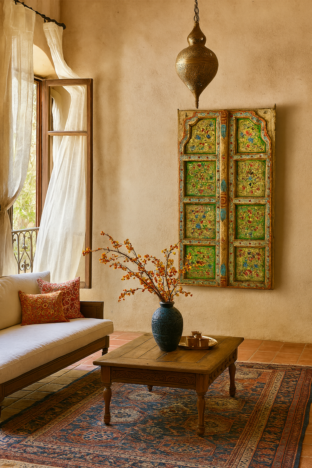 Decorative interior with a wooden coffee table, vase, and colorful wall panel.