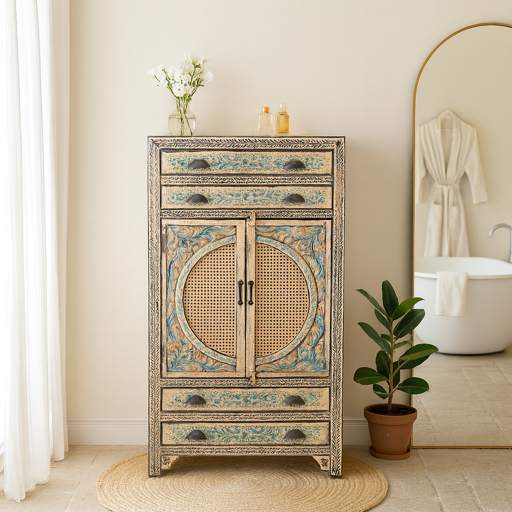 Lifestyle imagination of a hand-painted cabinet made from mango wood, featuring rattan inlay doors framed by a carved circular motif, floral blue and green accents, and five drawers for additional storage.