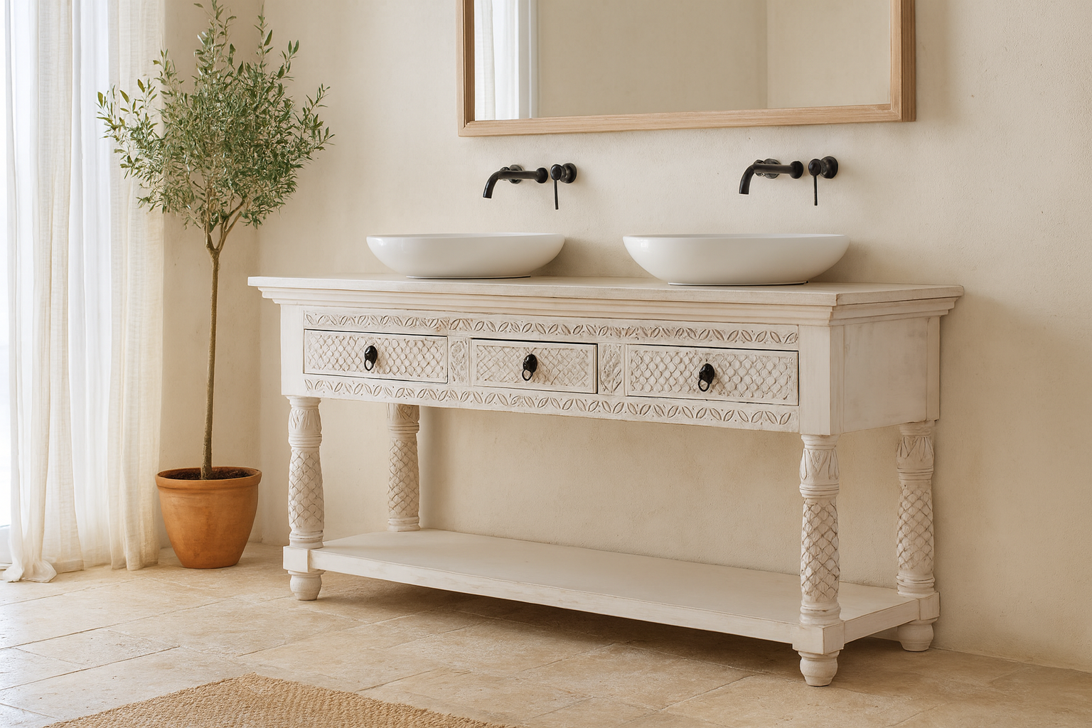 Lifestyle imagination of a carved mango wood console table with floral ornamentation; rich, exotic mango wood furniture, 150 × 90 × 45 cm.