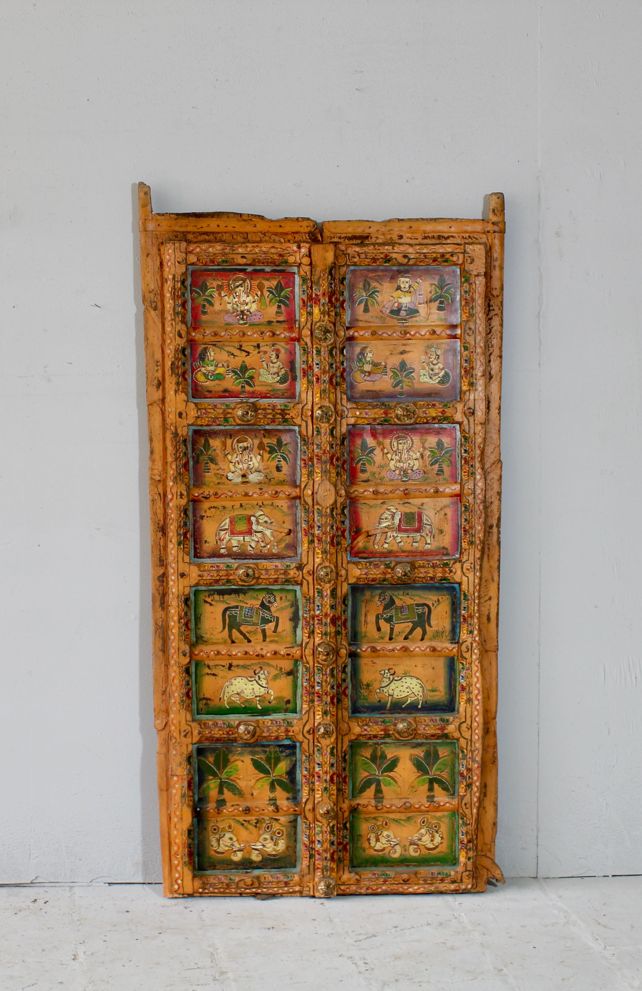 Hand-painted Indian antique teak wood door with folk and mythological motifs, vintage wall panels for eclectic and vintage home decor.