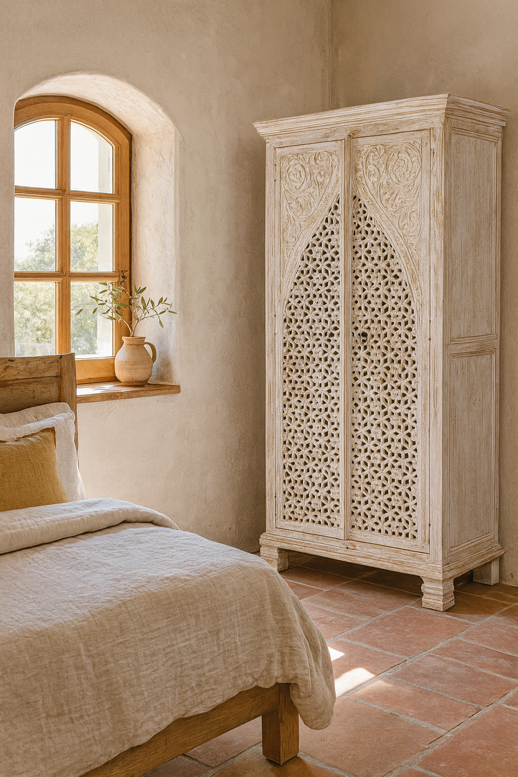 White-washed hand-carved wooden wardrobe made of solid mango wood, vintage furniture with Mediterranean Ibiza style, 180 × 90 × 40 cm.