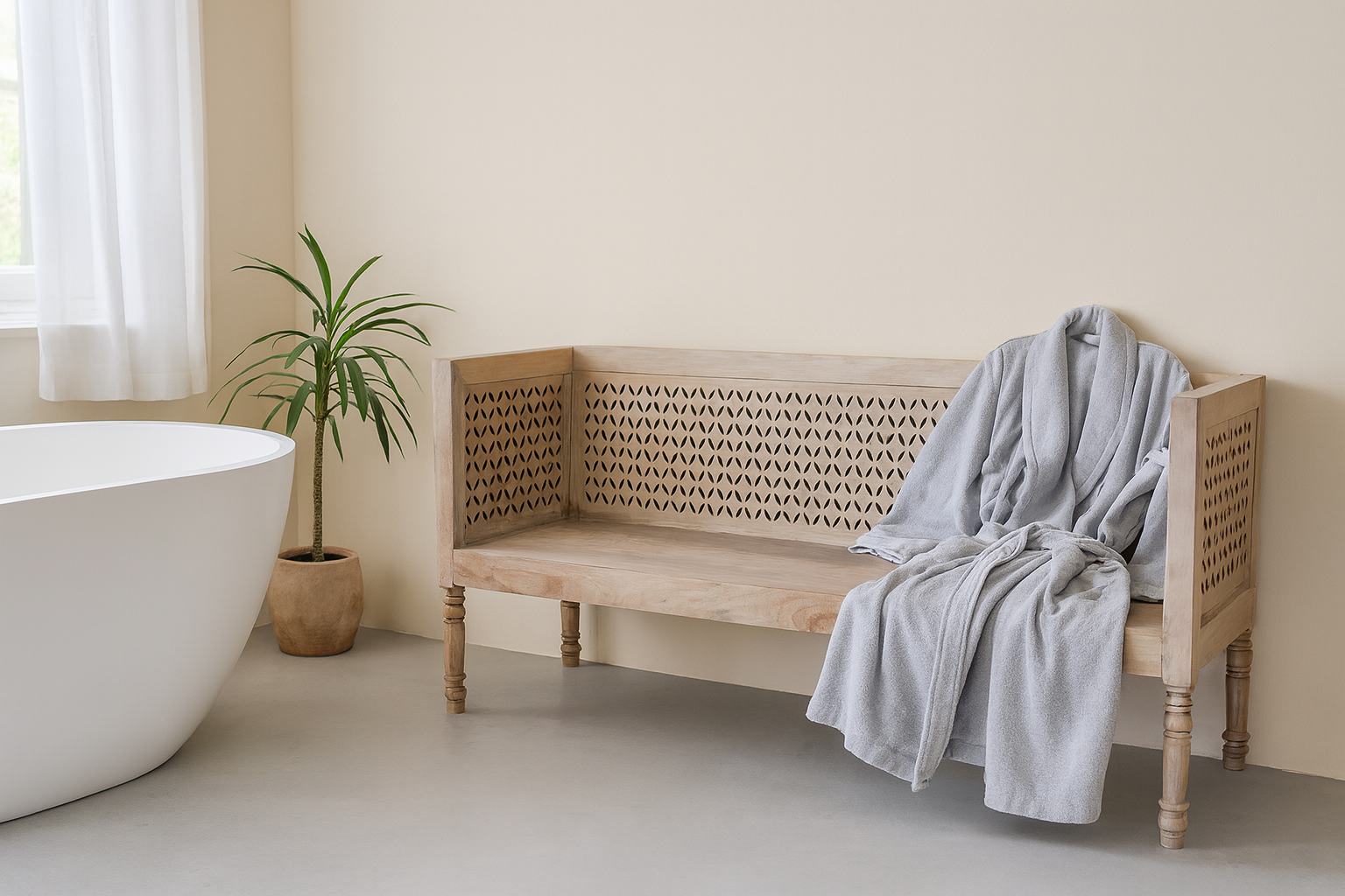 Lifestyle inspiration of a hand-carved reclaimed wood bench with geometric backrest design, sandblasted Ibiza style finish, ideal for boho chic living room interiors, 176×56×95 cm.