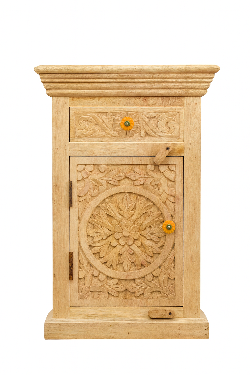 White background image of a pair of hand-carved nightstands made of sandblasted mango wood with floral Mediterranean patterns and one drawer – Hriday bedside tables by Om Home & Garden