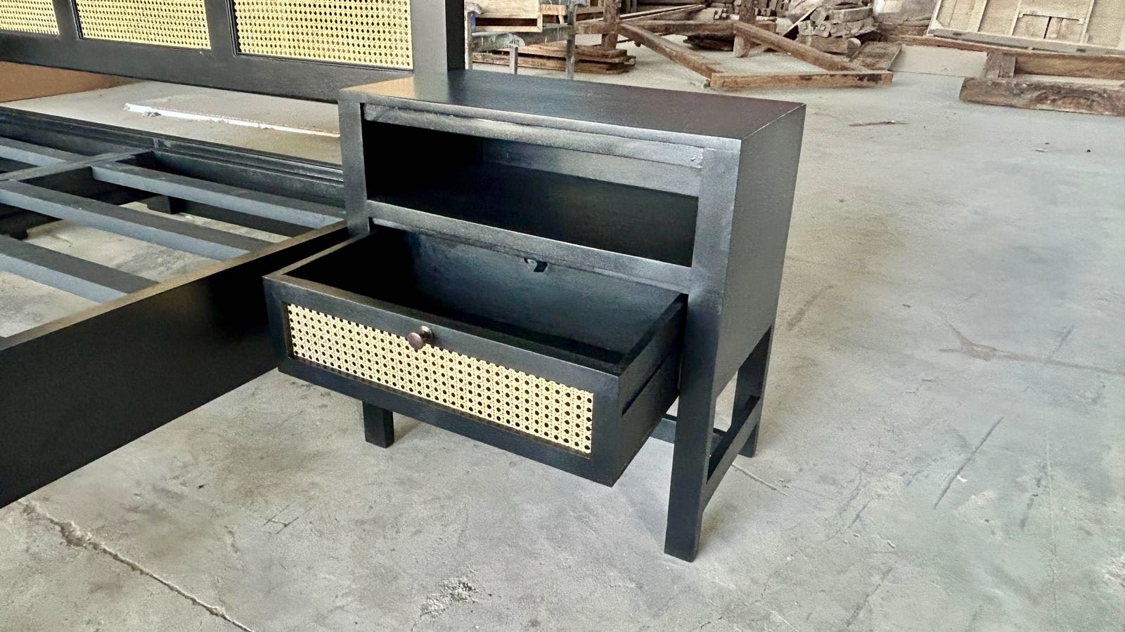 Mango wood night stand with rattan inserts; artisanal rattan furniture, 60 × 35 × 60 cm.