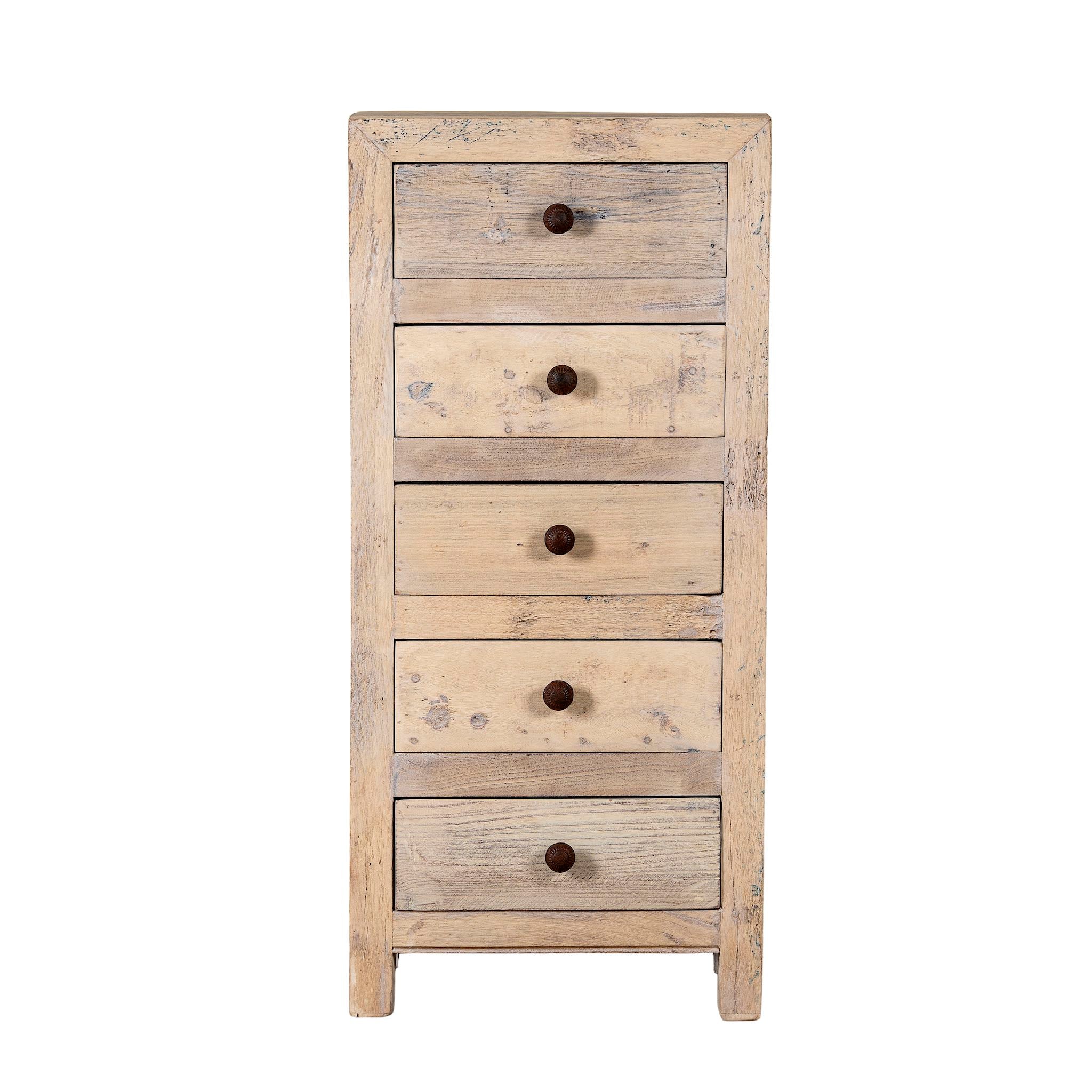 White background image of a chest of 5 drawers made from reclaimed wood with rustic finish; Ibiza style sustainable furniture, 50 × 35 × 110 cm.
