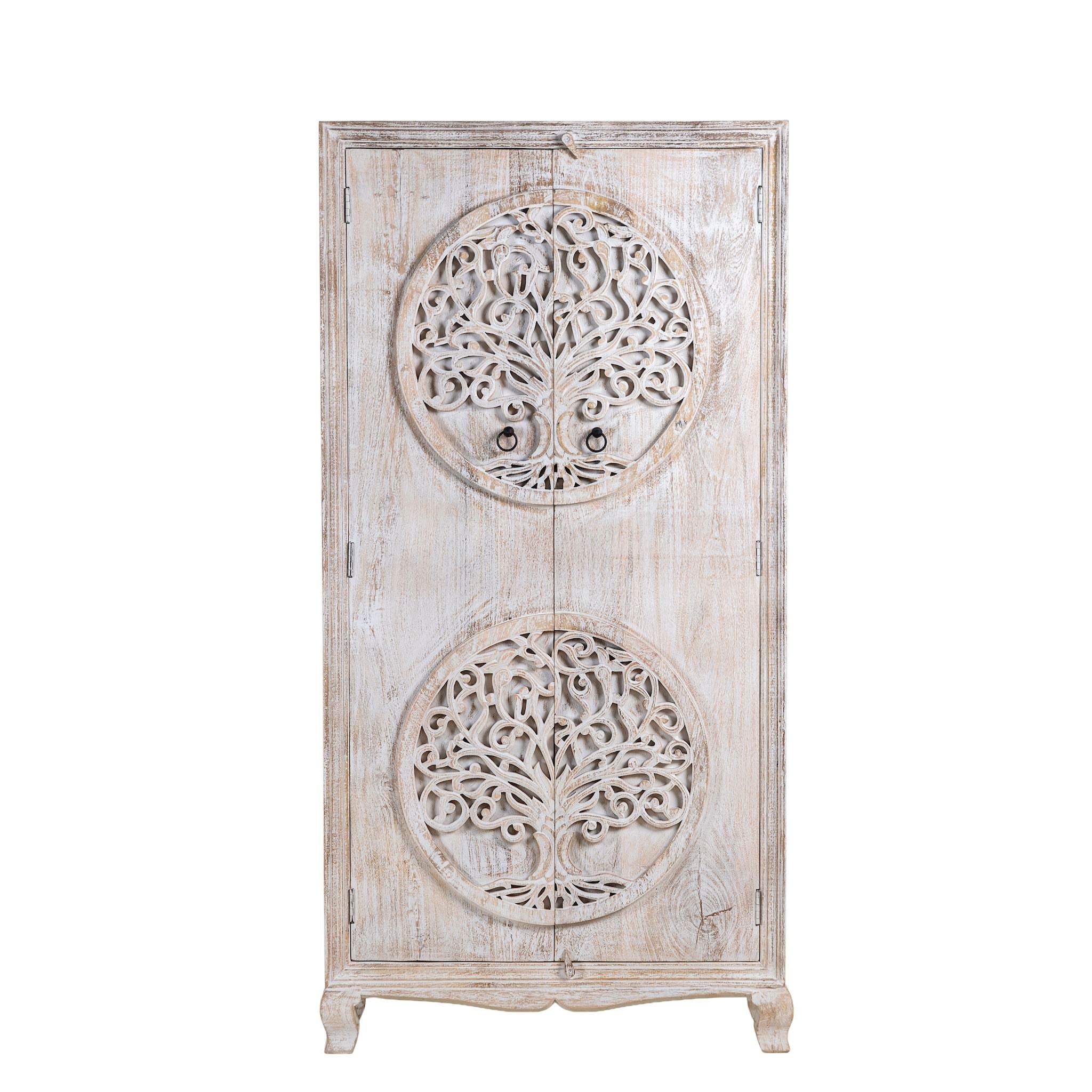 White background image of a white washed armoire with hand-carved Tree of Life motif, mango wood carved wood furniture with storage, 90 × 40 × 180 cm.