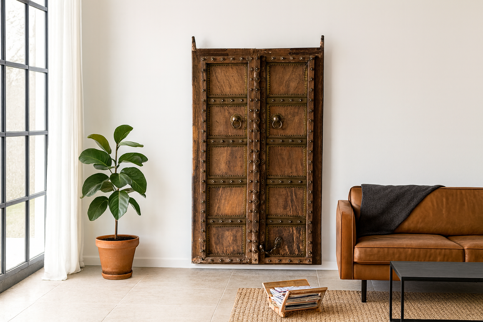 Lifestyle image of a Jain antique door Indian from a historic Jain temple, made from aged teakwood with original brass fittings—an extraordinary piece of spiritual architecture and unique wooden furniture.