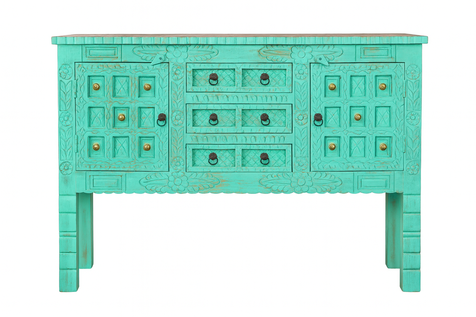 White background image of a green storage console table with carved mango wood doors and brass details; mango wood console table, 130 × 100 × 40 cm.