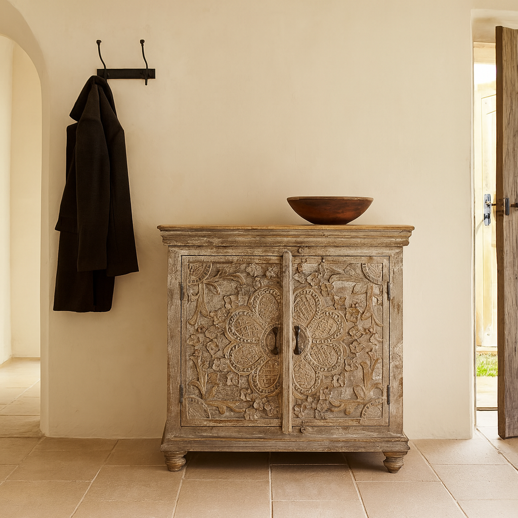 Lifestyle image of a square carved wood sideboard with whitewashed floral detailing; ideal as living room furniture, 90 × 90 × 40 cm.