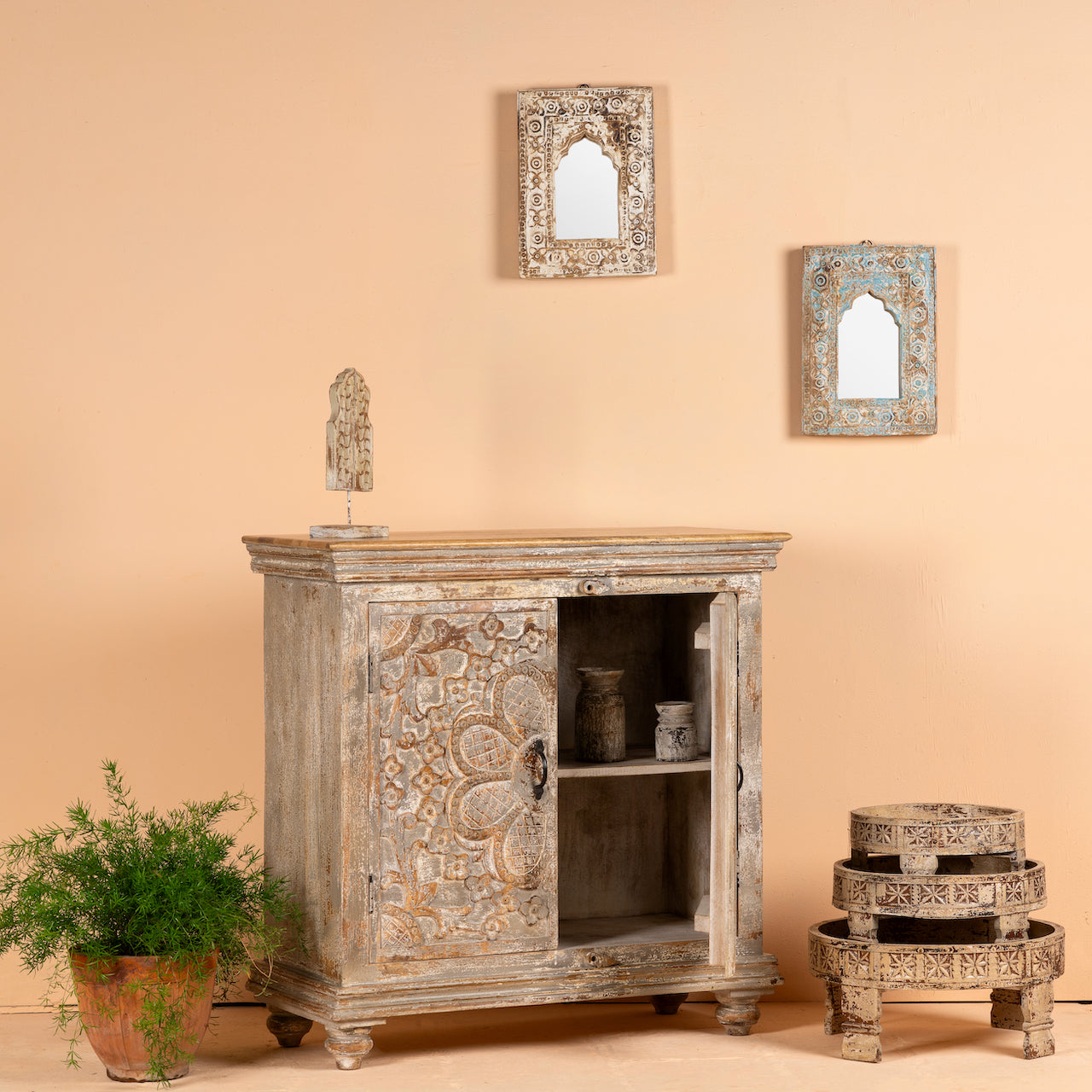 Open door image of a square carved wood sideboard with whitewashed floral detailing; ideal as living room furniture, 90 × 90 × 40 cm.