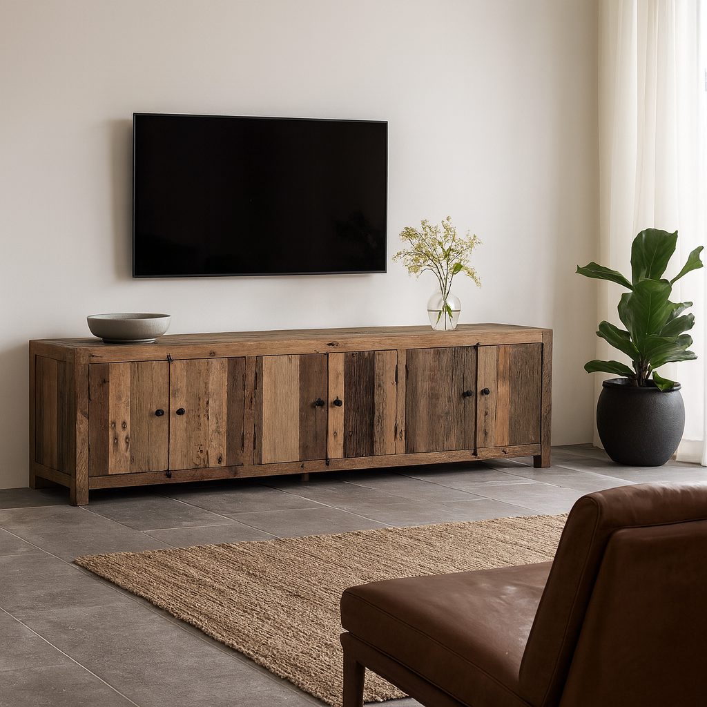 Lifestyle imagination of a driftwood lowboard in reclaimed teak with four cabinets and minimalist design, 230 × 45 × 60 cm.