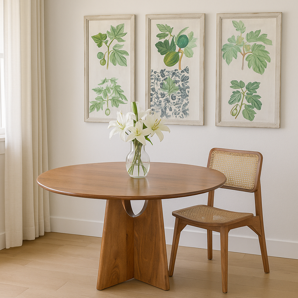 Lifestyle imagination of a round mango wood dining table with natural grain and sturdy base; solid wooden dining table for dining rooms, 130 cm diameter × 100 cm height.