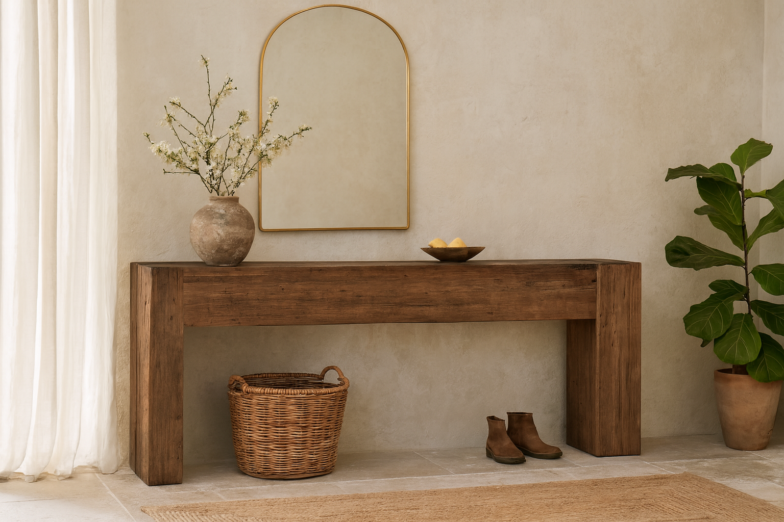 Lifestyle imagination of a rustic minimalistic console table made from reclaimed wood with preserved imperfections, block legs, 250 × 40 × 90 cm.