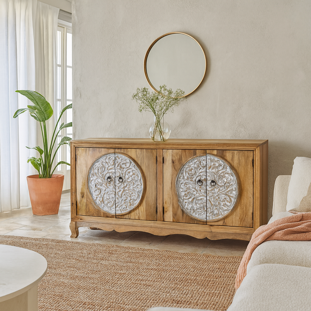 Lifestyle imagination of a carved wood furniture sideboard with whitewashed floral design, mango wood cabinet for boho chic living room, 180 × 40 × 90 cm.
