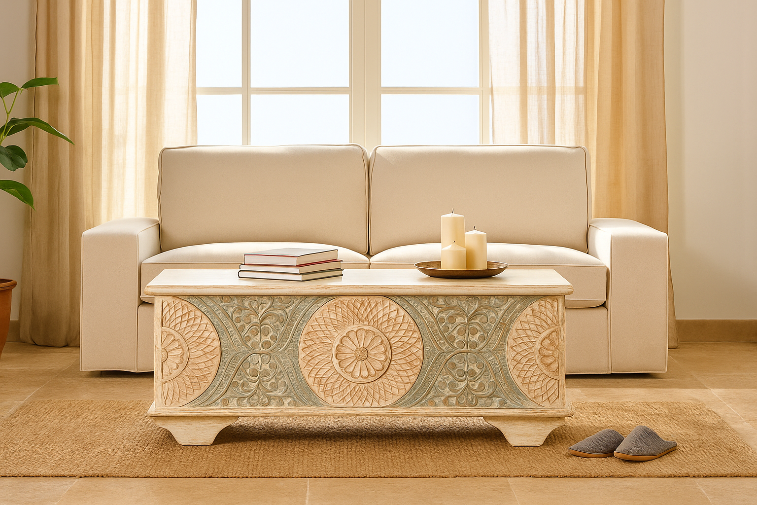 Lifestyle image of a hand-carved mango wood vintage chest with whitewashed finish and iron fittings – elegant storage for bohemian or rustic interiors.