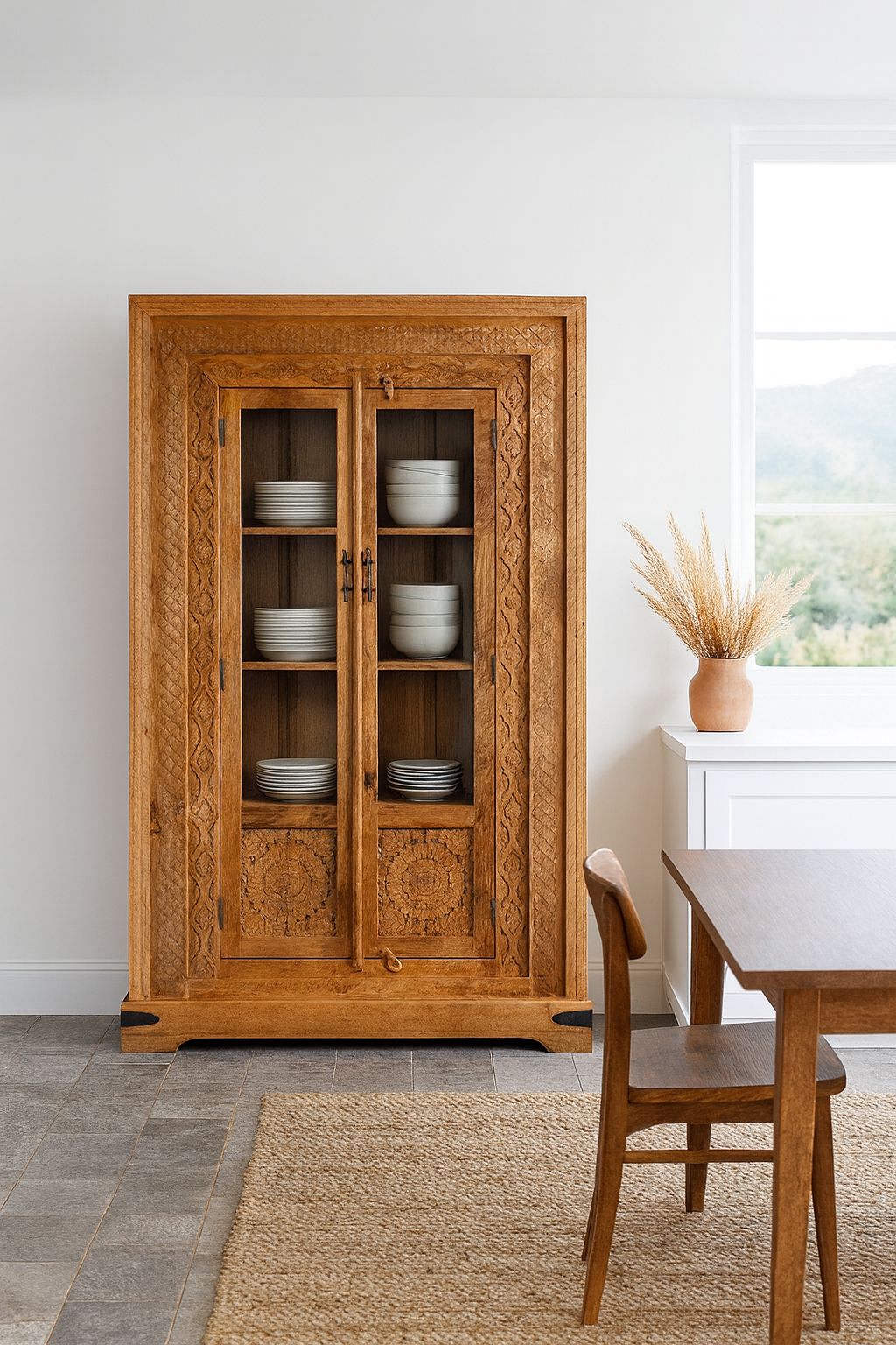 Lifestyle image of a hand carved display cabinet made from natural mango wood with floral detailing and glass-panelled doors; 180 × 110 × 40 cm.