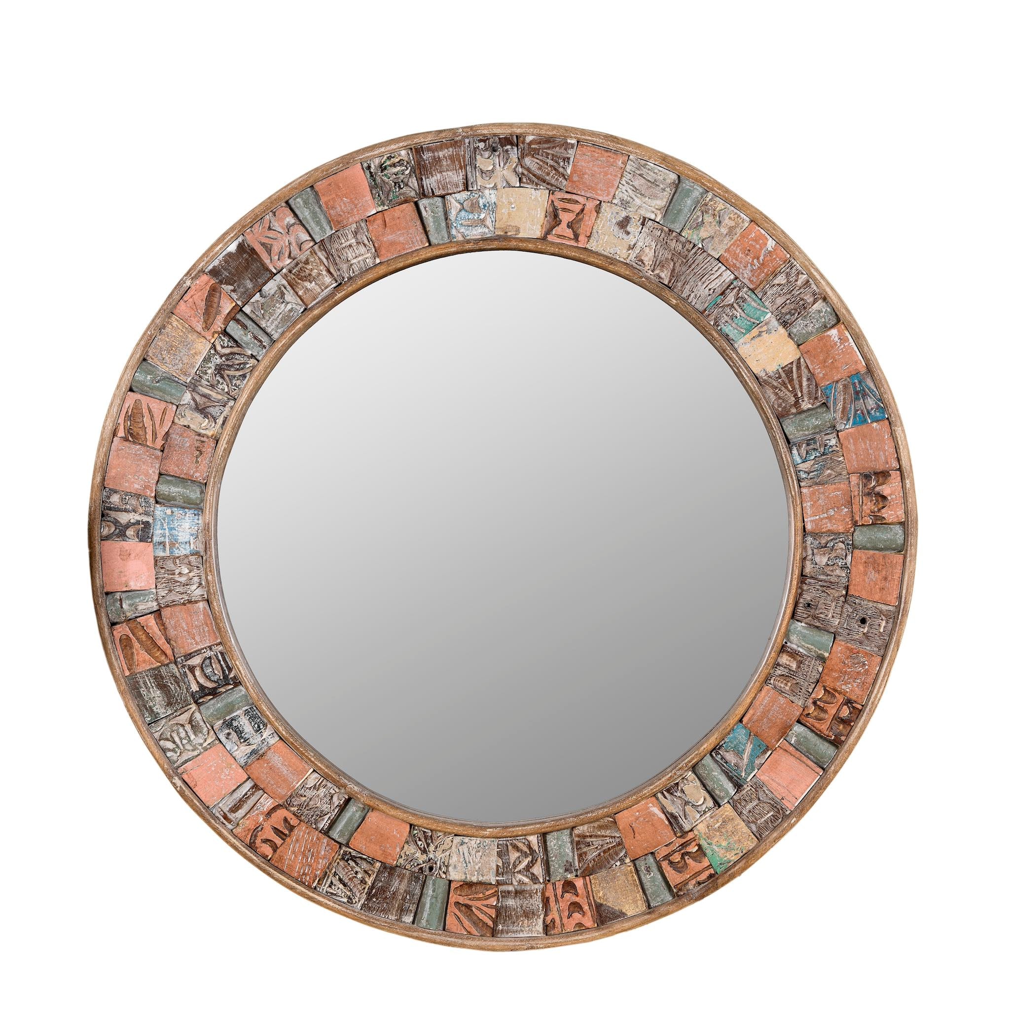 White background image of a handcrafted round mango wood mirror with patchwork reclaimed frame and distressed finish; ideal for vintage home decor, 80 × 4 cm.