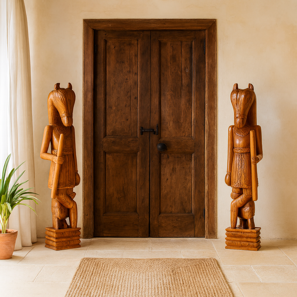 Lifestyle inspiration of a hand-carved Indian house guardian statue in exotic style, made from reclaimed wood; sustainable furniture, 40 × 20 × 120 cm.