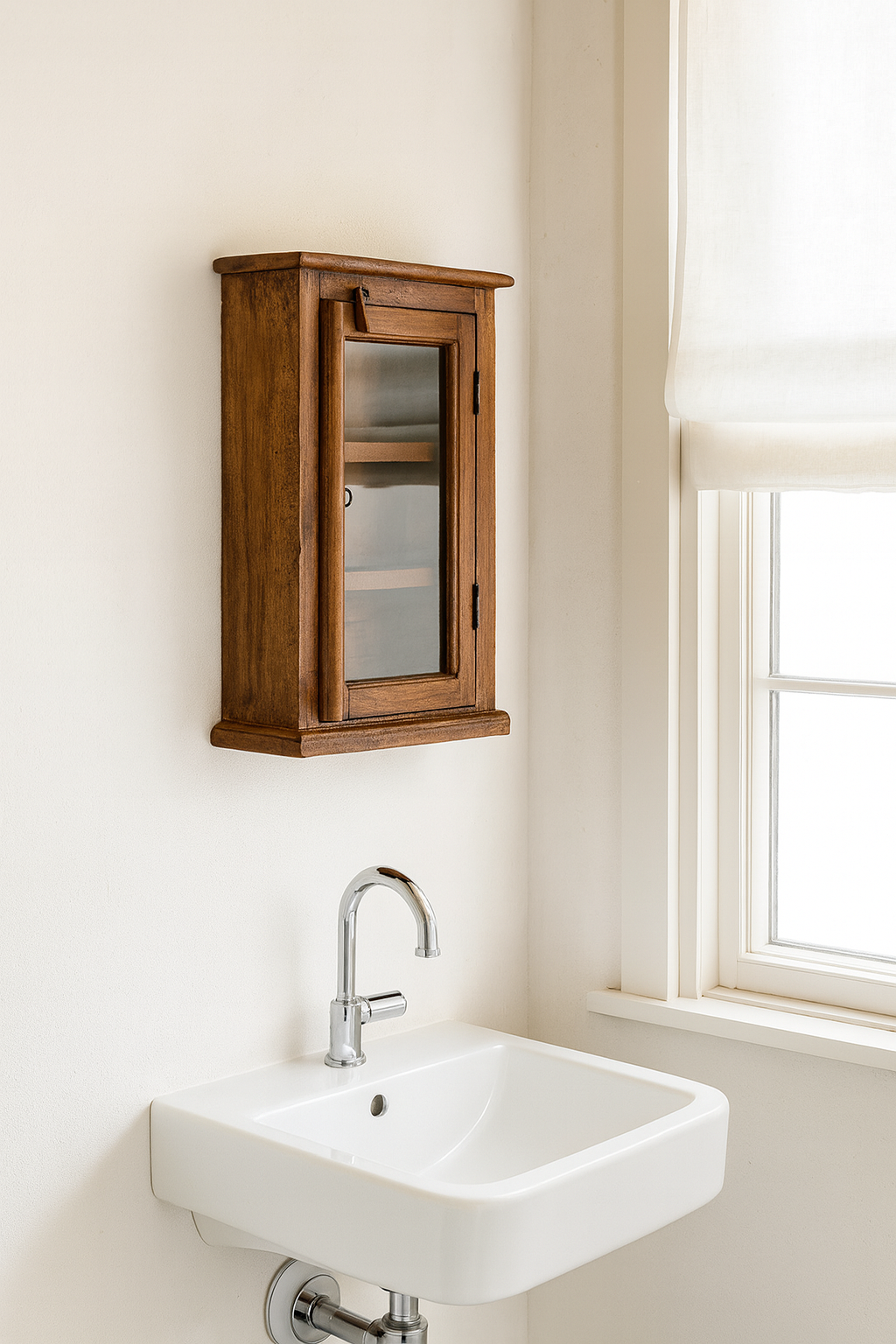 Lifestyle imagination of a small rustic bathroom wall cabinet made of reclaimed teak wood with glass door and shelves; bathroom furniture in vintage style, 40 × 15 × 63 cm.