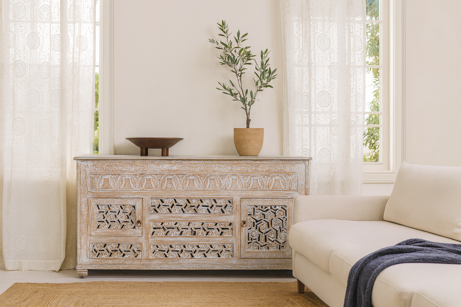 Hand-carved wooden sideboard made from solid mango wood with drawers and compartments; unique furniture piece in Mediterranean style, 180 × 100 × 40 cm.