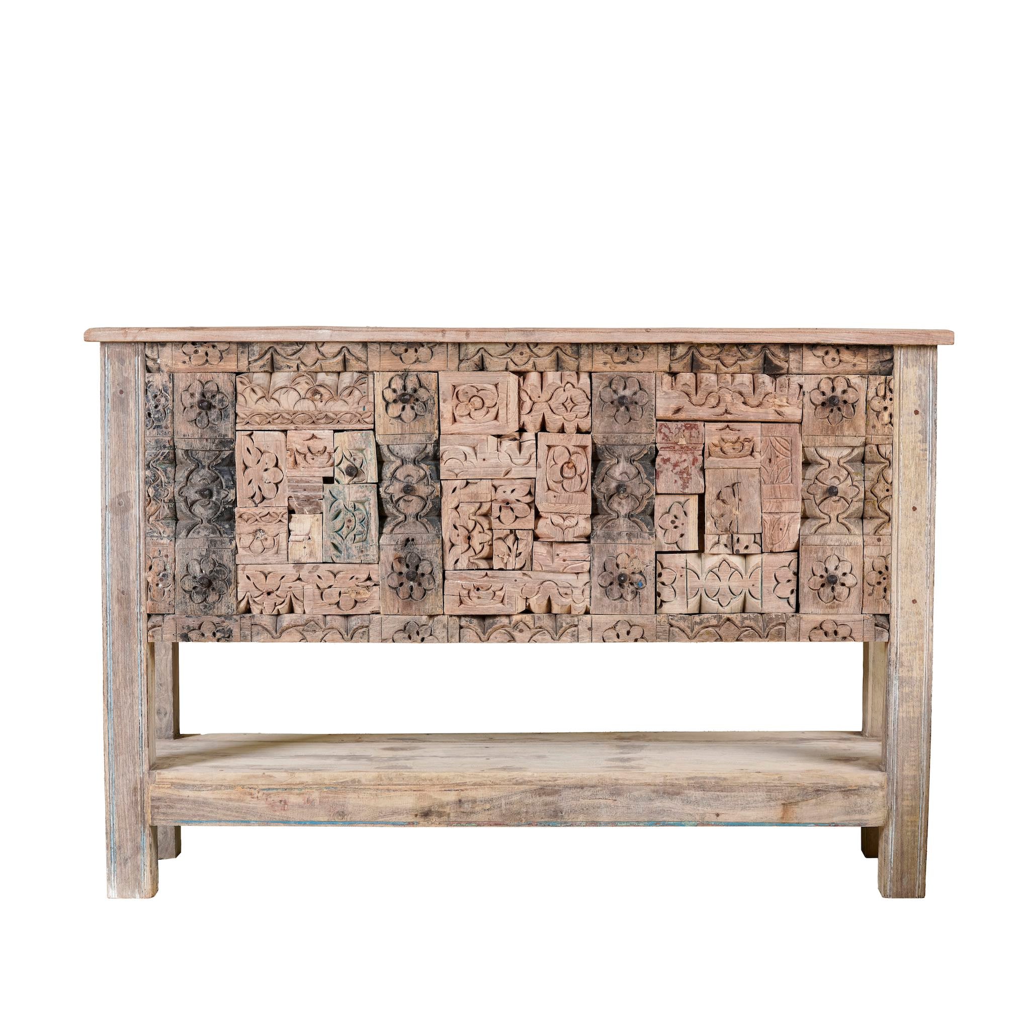 White background image of a reclaimed teak console table with hand-carved antique elements and rustic finish, 140 × 38 × 93 cm.