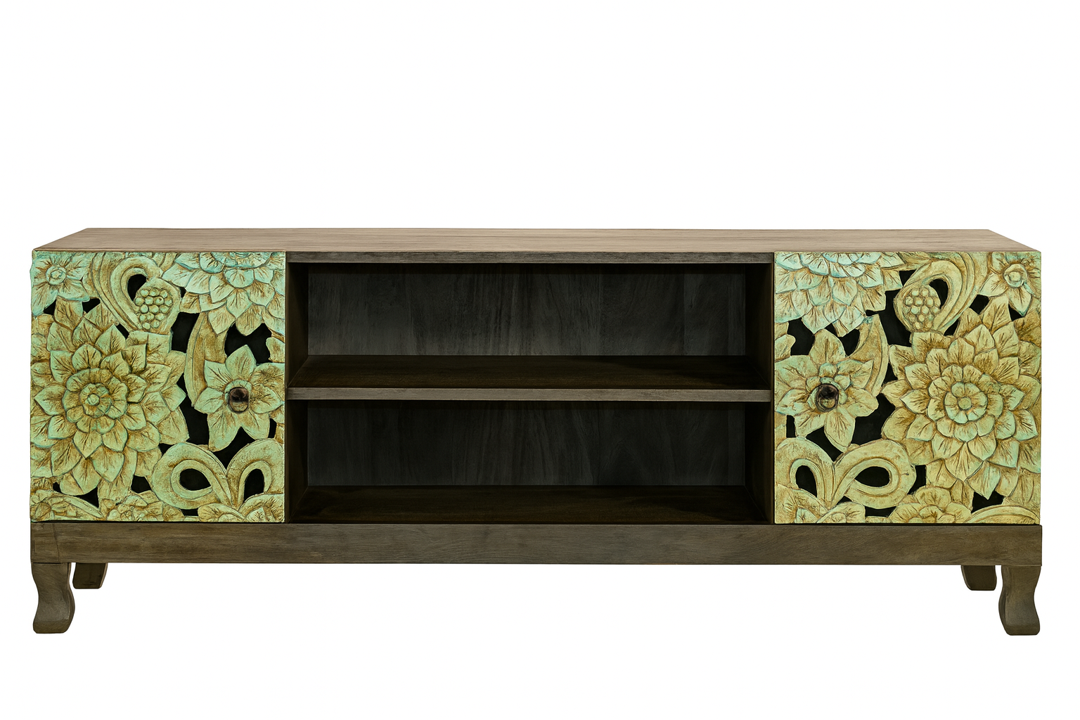 White background image of a carved mango wood lowboard with green floral doors, black frame, and open shelving, 150 × 60 × 40 cm.